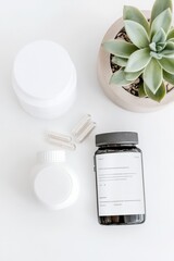 Poster - Minimalist Wellness Tech Setup Neutral Flat-Lay of Fitness Tracker, Sleep Analysis App and Vitamins - Calm Biometric Data Analysis for Modern Health and Lifestyle Industries