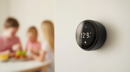 Aufkleber - Minimalist Thermostat Display Sleek Smart Device on Textured Wall - Home Automation for Energy Efficiency and Warm Family Living Experience