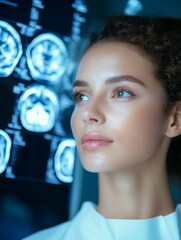 Poster - Futuristic Medical Imaging Radiology Technician with Illuminated Brain Scan Display - Advanced Diagnostics and Innovative Screening Solutions in Healthcare Environments