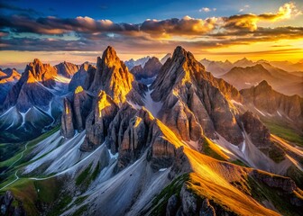 Poster - Golden Hour Mountain Range Aerial Drone Photography - Warm Light Landscape