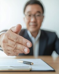 Poster - Modern Legal Collaboration Handshake with Middle-Aged Asian Lawyer in Sleek Office - Polished Wood and Professional Contract for Advanced Business Solutions