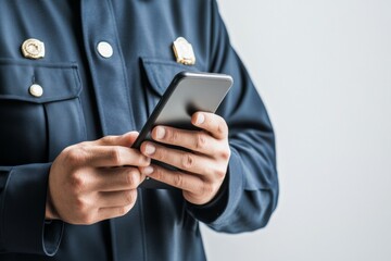 Poster - Smart Security Attire Modern Police Officer Engages with Smartphone Alert Tech-Integrated Uniform for Enhanced Emergency Response in Public Safety Communication