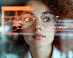 Fototapete - Innovative Tech Interface Young Woman Analyzing Digital Data on Holographic Screens - Modern Business Intelligence and Future-Ready Corporate Applications