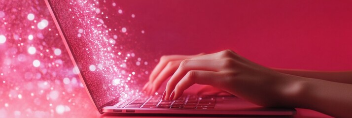 Fototapete - Futuristic Holographic Code Display Hands Typing on Sleek Laptop with Digital Streams - Modern Software Development Innovation for Tech-Driven Business Advancements