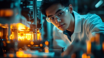 Fototapete - Futuristic Lab Dynamics Young East Asian Engineer Calibrating Industrial Printer amid Luminous Screens - Innovation in Manufacturing and Tech Efficiency