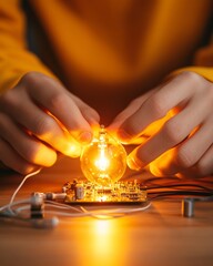 Fototapete - Contemporary Robotics Learning Hands-On Circuit Board Assembly in Yellow-Hued Workspace - Empowering Youth in Educational STEM Innovation and Creative Tech Skills