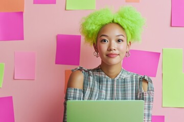 Poster - Vibrant E-Girl Workspace Gen Z Female Entrepreneur with Neon Hair and Graphic Laptop for Creative Startup Vibes - Inspiring Business Innovation and Modern Co-Working