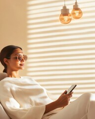 Aufkleber - Minimalist Tech Harmony Indian Woman Using Smartphone for Smart Lighting Control in Sunlit Modern Living Room - IoT and Energy-Saving Home Automation for Contemporary Urban Lifestyles