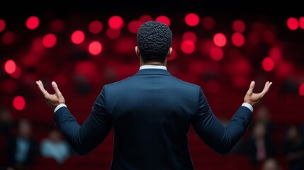 Poster - Dynamic Leadership Presentation Tailored Navy Suit on Stage - Captivating Audience Engagement for Business Innovation and Professional Development