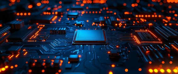A server circuit board with a futuristic design, handling code processing. The background is a 3D rendered scene with orange, green, and blue technology elements and bokeh.