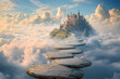 © Kateryna - Majestic castle rises above clouds with stone pathway glowing at twilight