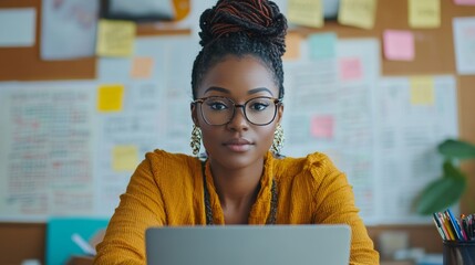 Aufkleber - Modern Home Office Black Female Entrepreneur Leading Virtual Business Strategy Session - Empowering Small Business Growth with Innovative Tools and Natural Light
