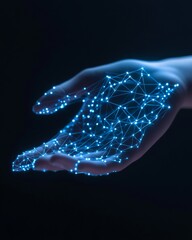 Fototapete - Networked Hand Silhouette Glowing Nodes Against Black - Digital Geometry for Tech Marketing and Neural Data Systems in Modern Business Solutions