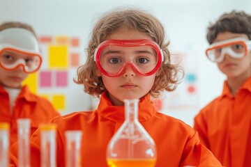 Fototapete - Vibrant STEM Classroom Diverse Kids Engaged in Science Experiment with Beakers and Goggles - Modern Educational Tools for Interactive Learning and Collaborative Innovation