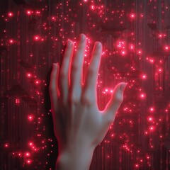 Leinwandbilder - Futuristic Holographic Display Hand on Illuminated Circuit Board - Cutting-Edge Tech Art for Hardware Encryption in Cybersecurity and Digital Marketing