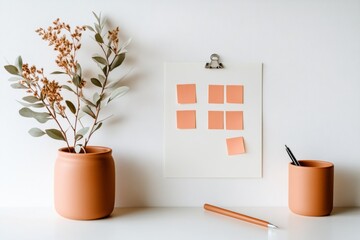 Poster - Minimalist Workspace Vibes Terracotta Stationery with Eucalyptus in Soft Light Enhancing Remote Productivity and Creative Workflow for Modern Digital Entrepreneurs
