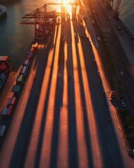 Poster - Aerial View of Geometric Container Terminal Vibrant Colors and Shadows - Strategic Logistics and Eco-Friendly Supply Chain Solutions for International Trade Efficiency