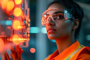 Aufkleber - Futuristic Industrial Robotics Indian Female Engineer Oversees Smart Factory Automation with Reflective Textiles - Cutting-Edge Manufacturing and Tech Innovation