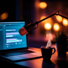 Aufkleber - Cozy Podcast Production Sleek Microphone and Laptop with Audio Tracks on Wooden Desk - Creative Content Creation and Digital Communications Workspace