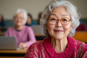 Aufkleber - Modern Classroom Aesthetics Elders Engaged with Laptops for Interactive Video Conferencing - Innovations in Senior Education and Digital Inclusion