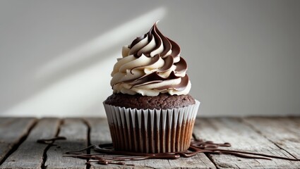 Wall Mural - Delicious chocolate cupcake with creamy frosting and drizzled chocolate on a wooden table.