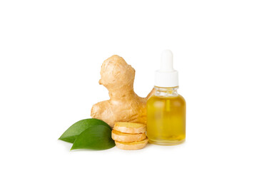 Wall Mural - Ginger essential oil isolated on white background. Fresh ginger slices. Essence, serum, oil. Alternative medicine. Phytotherapy. Health and beauty concept.