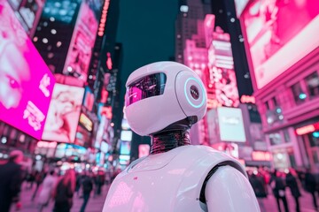 Leinwandbilder - Futuristic Robotic Integration Sleek AI Robot in Neon-Lit Urban Square - Tech Innovation for Smart Cities and Urban Mobility Solutions