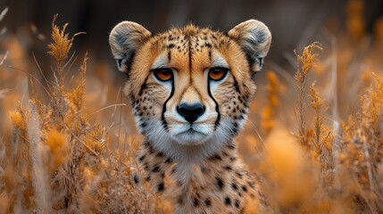Wall Mural - A close-up portrait of a cheetah with striking orange eyes in a field of tall grass