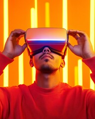 Aufkleber - Immersive Virtual Reality Experience Hispanic Man in Neon-Lit Room Using VR Glasses - Cutting-Edge Tech for Interactive Entertainment and Business Innovation