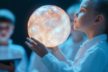 Leinwandbilder - Futuristic STEM Learning Diverse Teens Analyzing Data Around Holographic Globe in LED-Lit Classroom - Enhancing Interactive Education and Tech Innovation