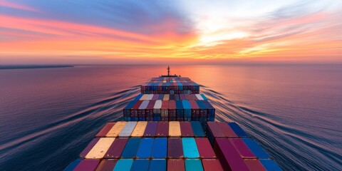 Poster - Contemporary Global Supply Chain Vibrant Container Ship and Digital Network at Sunset - International Logistics and Connectivity for Modern Business Solutions
