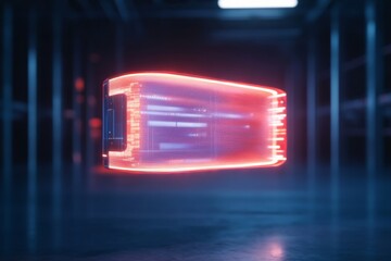 Poster - Neon Cyber Interface Futuristic VR Hologram Display in Industrial Space - Advanced UI Design for Tech Innovations and Immersive Digital Experiences