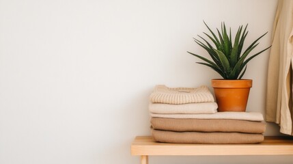 Fototapete - Minimalist Slow Fashion Display Earthy-Toned Linen, Organic Cotton, Wool on Wooden Shelves Sustainable Style for Modern Retail and Ethical Branding