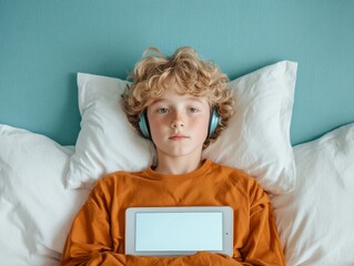 Fototapete - Interactive E-Learning Aesthetic Teen Boy in Cozy Bedding with Tablet and Headphones - Cutting-Edge Digital Education and Mobile Learning Solutions for Todays Youth