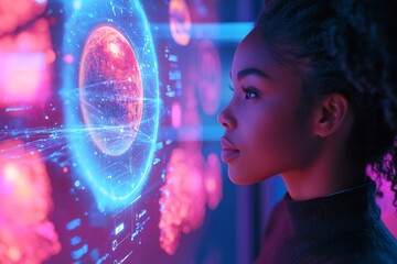 Aufkleber - Neon-Lit Holographic Exploration Black Female Engineer in 40s with Solar System Interface Futuristic Tech for Space Innovation and Scientific Visualization
