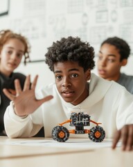 Poster - Interactive Robotics in STEM Classroom Enthusiastic Teens Presenting Advanced Tech Project for Educational Innovation - Inspiring Future Engineers in Bright, Modern Learning Spaces