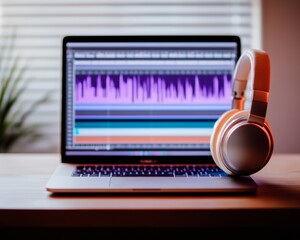 Aufkleber - Soft Minimalist Workspace Audio Editing on Laptop with Headphones and Notepad - Modern Podcast Production and Remote Work Efficiency for Digital Media