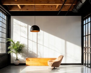 Poster - Modern Industrial Workspace Aesthetics Large Windows, Exposed Beams, and Minimalist Furniture for Inspiring Creative Office Design in Urban Commercial Spaces