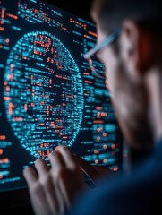 Leinwandbilder - Cybersecurity in Focus Man Analyzing Digital Code on LED Screen - Cutting-Edge Data Protection for Tech Industries and Safe Digital Interactions