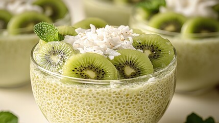 Canvas Print - An elegant close-up of Matcha Chia Pudding in a transparent bowl. Garnished with sliced kiwi, a sprinkle of shredded coconut, and a few mint leaves.