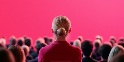 Poster - Innovative Corporate Communication Female Public Speaker in Vibrant Environment with Professional Equipment - Empowering Business Presentations and Digital Engagement Strategies
