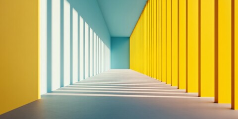 Poster - Modern Minimalist Workspace Vibrant Geometric Hallway with Bold Colors and Light Play Inspiring Architectural Design for Innovative Office Solutions and Dynamic Employee Spaces