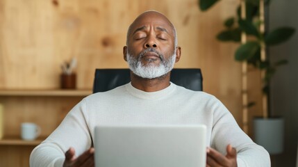 Poster - Natural Daylight Office Mindfulness Middle-Aged African American Man Practicing Deep Breathing at Desk Enhancing Workplace Well-being with Wellness Breaks and Relaxed Focus