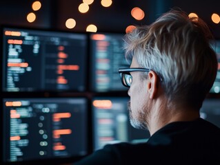 Leinwandbilder - Digital Workspace Aesthetic Advanced Multi-Screen Setup with Coding Interfaces - Future-Ready Tech Hub for Remote Developers and Innovative Software Solutions