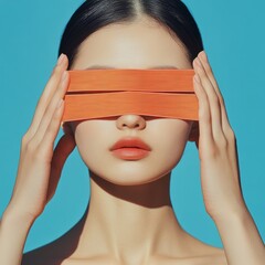 Leinwandbilder - Vibrant Conceptual Portrait Asian Woman with Colorful Minimalist Band - Embodying Uncertainty in Modern Business Strategy and Innovation Communication Material