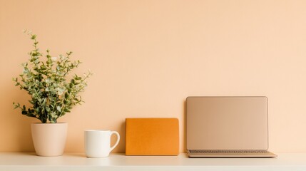 Aufkleber - Minimalist Workspace Aesthetic Sleek Laptop, Leather Journal and Ceramic Mug on White Desk - Modern Remote Work and Digital Marketing Environment
