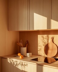 Leinwandbilder - Contemporary Minimalist Tiny House Kitchen Light Birch Wood Cabinet Design with Induction Stove for Sustainable Urban Living and Compact Modular Storage Solutions