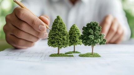 Poster - Eco-Futuristic Urban Planning Miniature Tree Models on Blueprints in Office Setting - Sustainable Architecture Trends and Innovative City Design Strategies for Environmental Impact