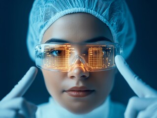 Poster - Futuristic Vision Female Lab Technician with Augmented Reality Glasses - Precision Engineering and Quality Assurance with Advanced Diagnostic Tools in High-Tech Industrial Spaces