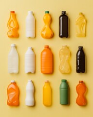 Aufkleber - Vibrant Plastic Bottle Array on Textured Yellow Background Sustainable Packaging for Circular Economy Marketing and Eco-Friendly Branding in Retail Display Design